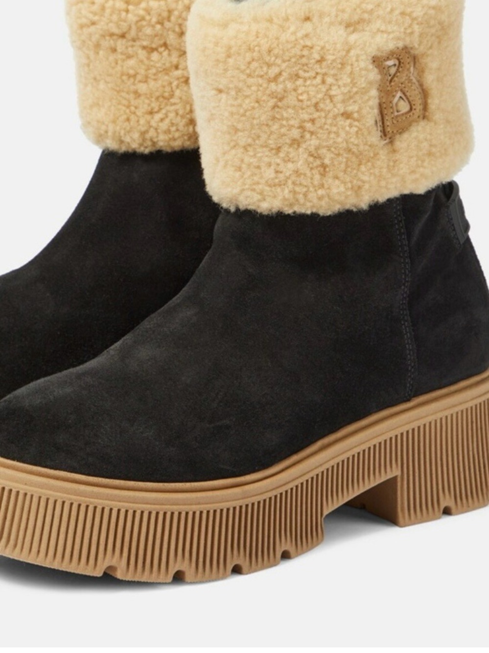 Bogner Black Suede Ankle Boots with Cream Shearling Cuff and Tan Lug Sole